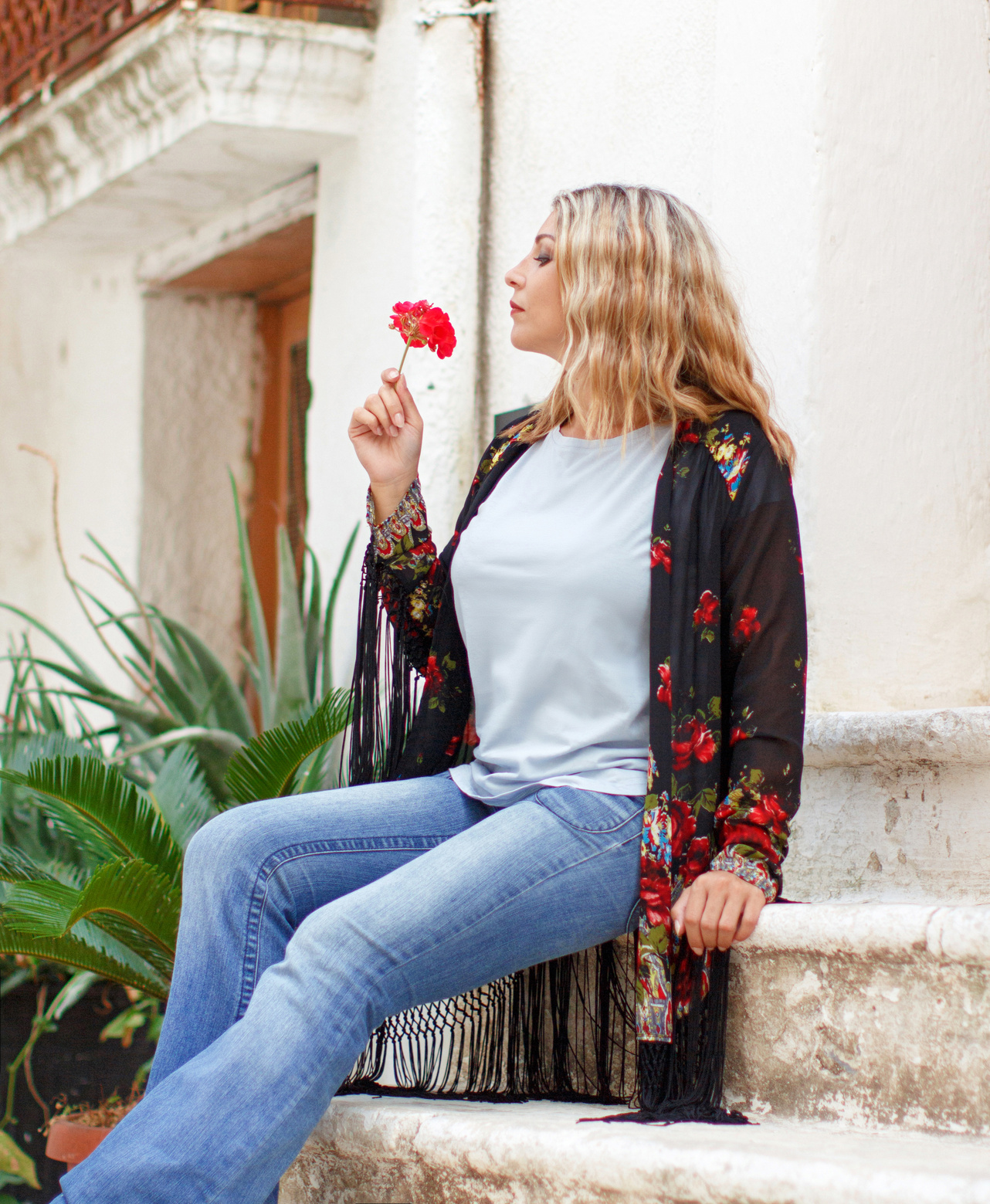 Bohemian fashion young women with flower